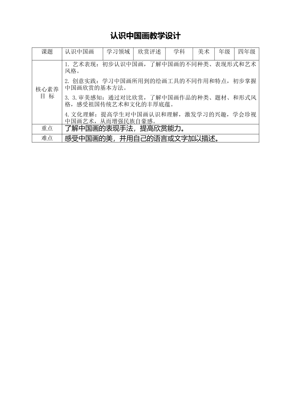 人美版小学美术4年级（下）第十一课《认识中国画》教学设计.doc_第1页