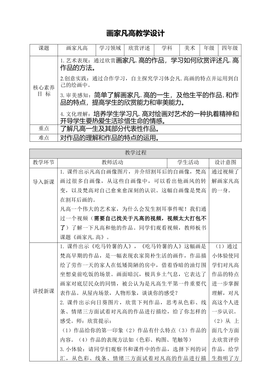 人美版小学美术4年级（下）第十七课《画家凡高》教学设计.doc_第1页