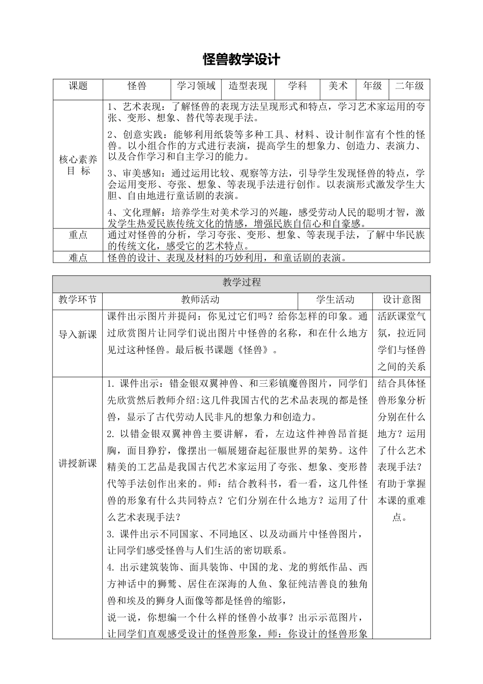 第十三课《怪兽》教学设计-人美版小学美术二年级下册.doc_第1页