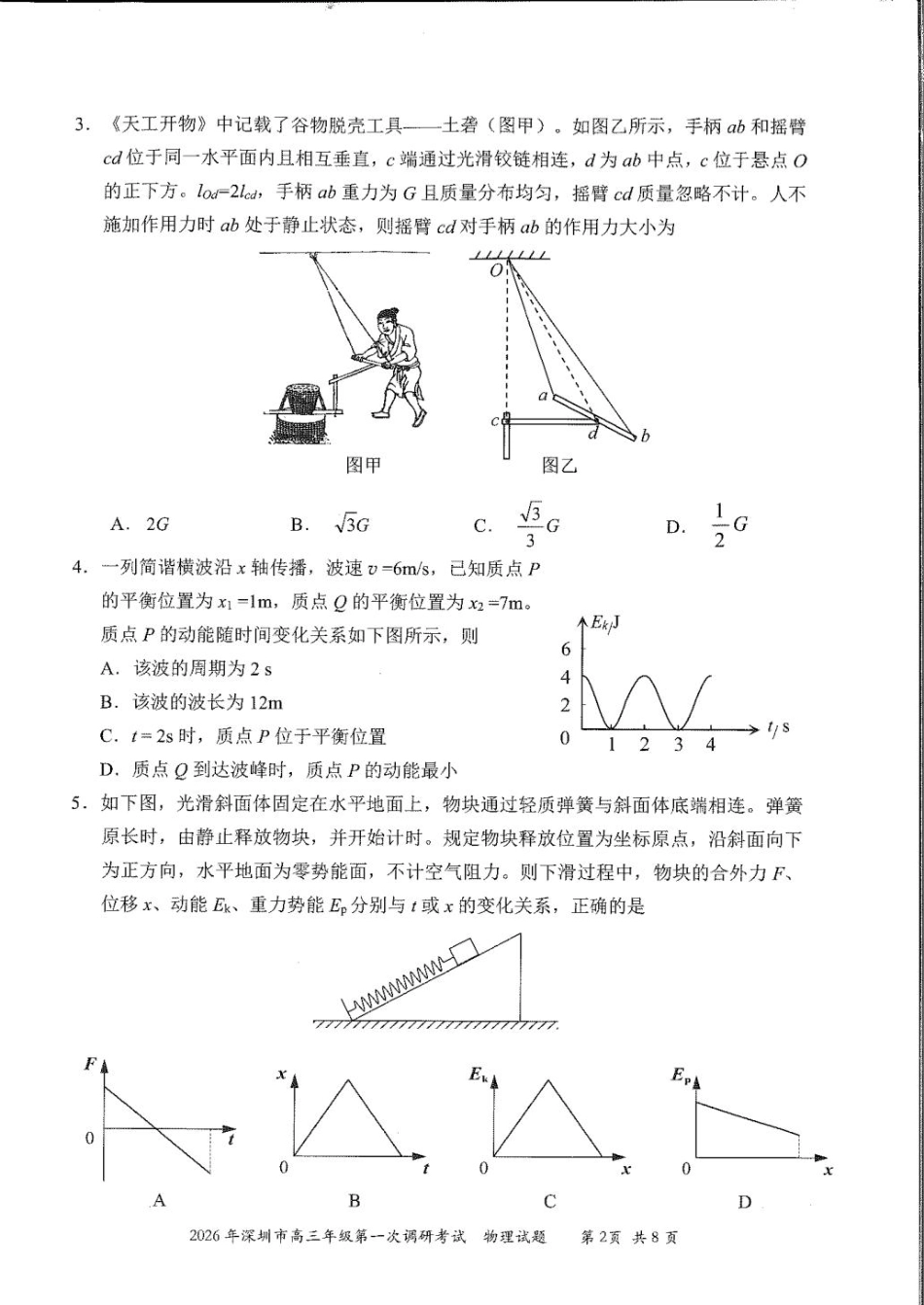 2026年深圳市高三年级第一次调研考试物理试卷+答案.pdf_第2页