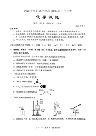 重庆西南大学附属中学校2026届高三下学期3月月考化学试题+答案.pdf