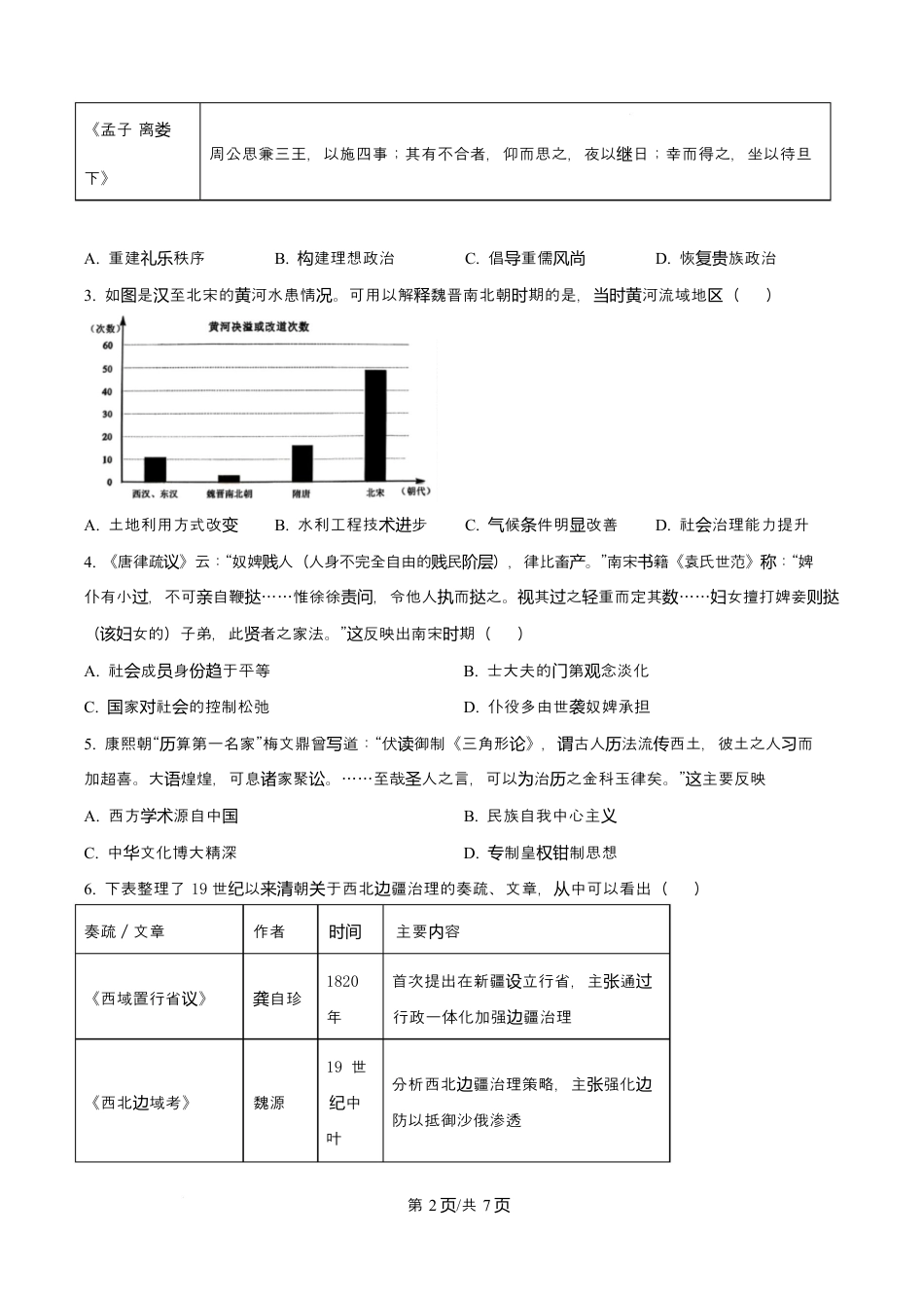 四川省绵阳南山中学2026届高三第六次教学质量检测历史试题（含答案).docx_第2页