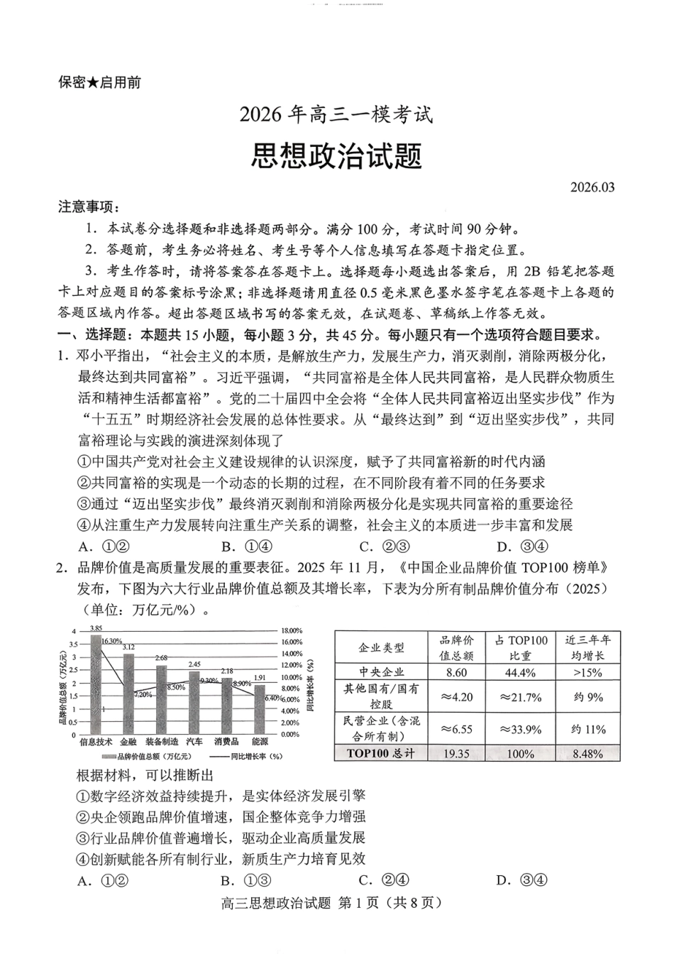 山东菏泽市2026届高三一模考试 政治试题（含答案及解析）.pdf_第1页