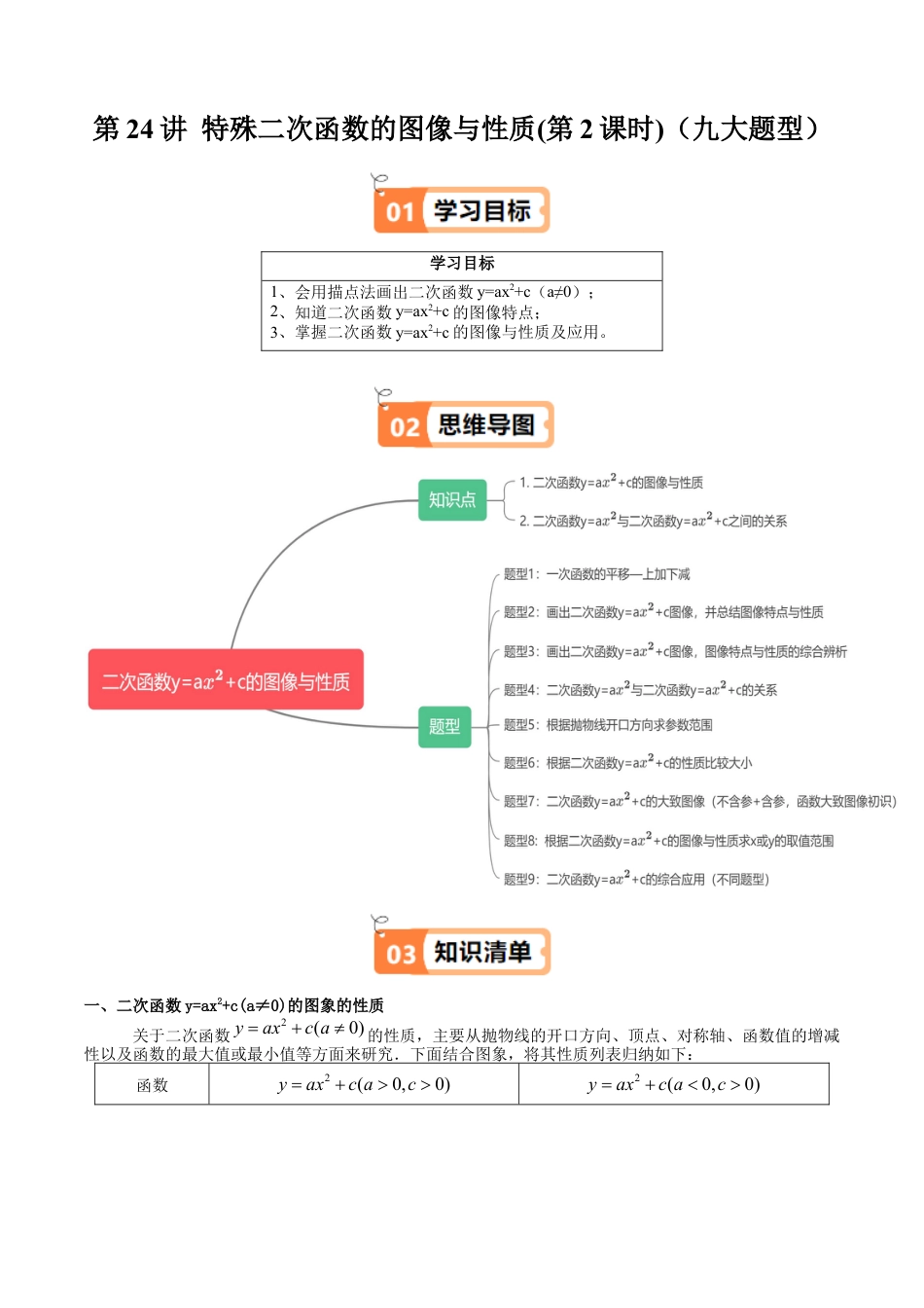 沪教版初中数学九年级上册-第24讲 特殊二次函数的图像与性质(第2课时)（九大题型）（含解析）.docx_第1页