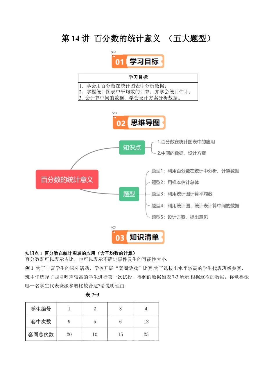 沪教版初中数学六年级下册-第14讲 百分数的统计意义 （五大题型）（含解析）.docx_第1页