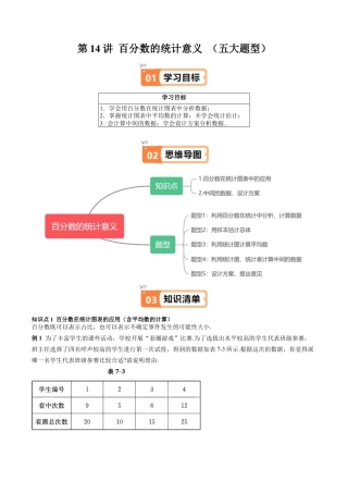 沪教版初中数学六年级下册-第14讲 百分数的统计意义 （五大题型）（含解析）.docx
