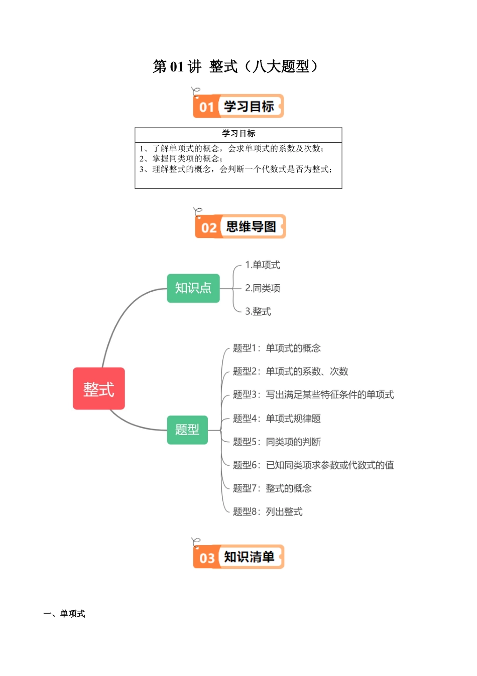 沪教版初中数学七年级上册-第01讲 整式（三类知识点+八大题型+强化训练）（含解析）.docx_第1页