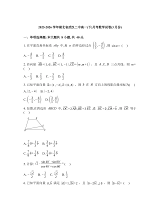 湖北武汉市第二中学2025-2026学年度高一下学期3月月考数学试卷含答案.docx