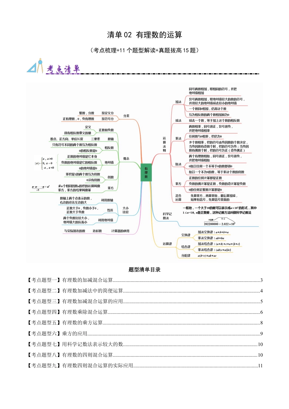青岛版七年级数学上册-清单02 有理数的运算（考点清单，知识导图+11个考点清单&题型解读）（学生版）.docx_第1页