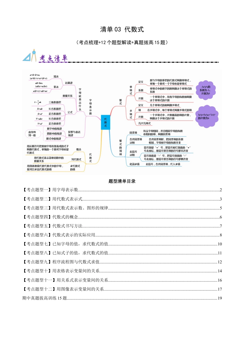 青岛版七年级数学上册-清单03 代数式（考点清单，知识导图+12个考点清单&题型解读）（学生版）.docx_第1页