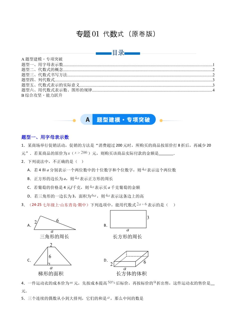 青岛版七年级数学上册-专题01 代数式（专项训练）（原卷版）.docx_第1页