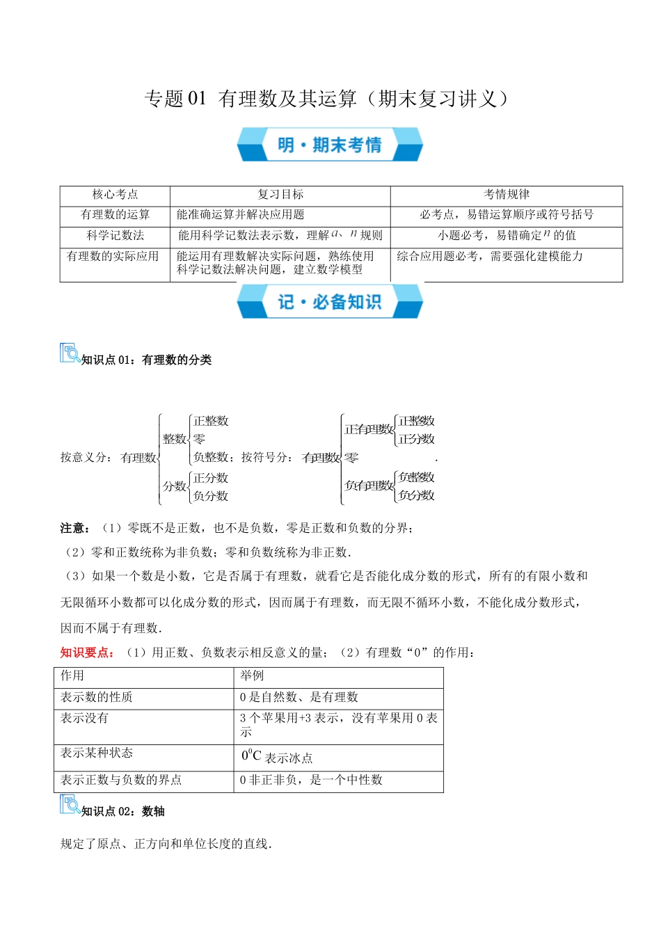 青岛版七年级数学上册-专题01 有理数及其运算（必备知识+15大题型+分层训练）（期末复习讲义）（教师版）.docx_第1页