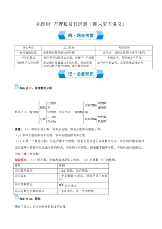 青岛版七年级数学上册-专题01 有理数及其运算（必备知识+15大题型+分层训练）（期末复习讲义）（教师版）.docx