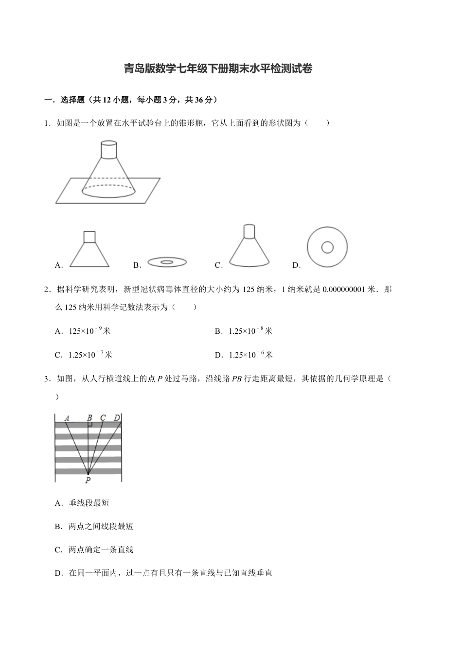 青岛版数学七年级下册期末水平检测试卷.docx_第1页