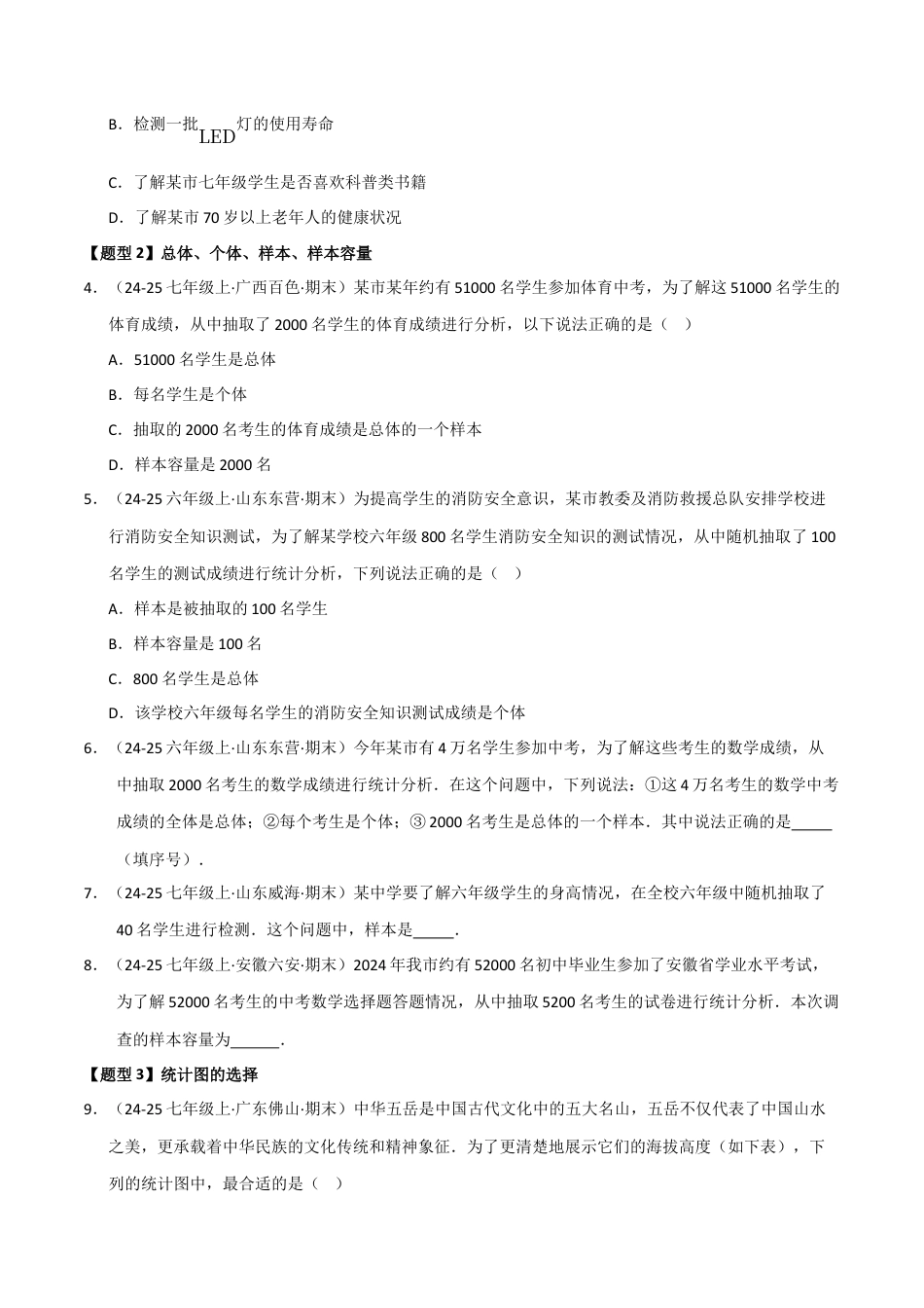 青岛版数学七年级下册专题01 数据的收集﹑整理与描述（考题猜想，六大题型）（学生版）.docx_第2页