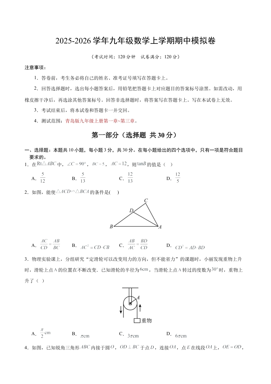 九年级数学上学期期中模拟卷（青岛版，测试范围：九上第一章~第三章）.docx_第1页
