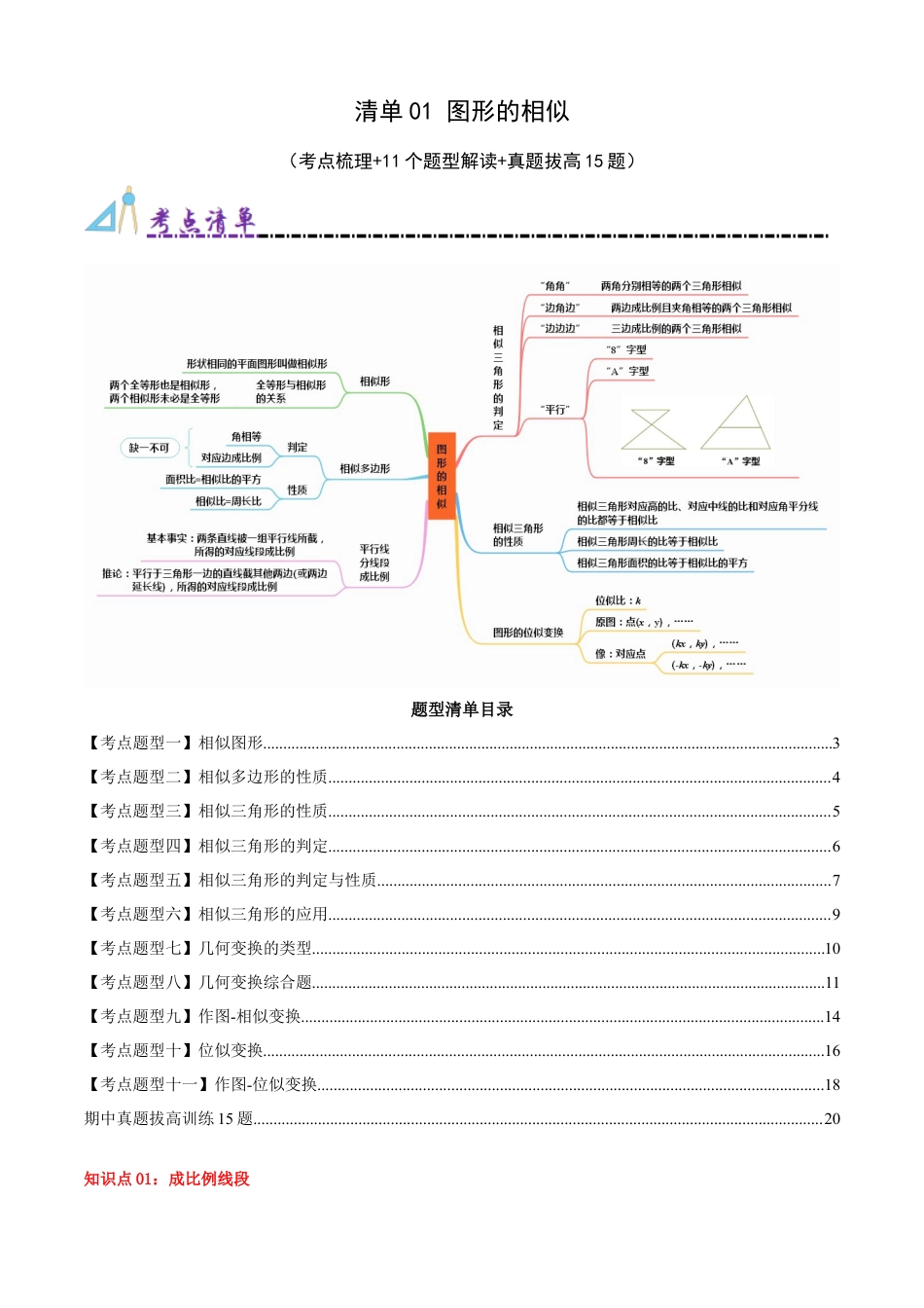 九年级数学上册（青岛版） 期末专项复习清单01 图形的相似（考点清单，知识导图+11个考点清单&题型解读）（学生版）.docx_第1页