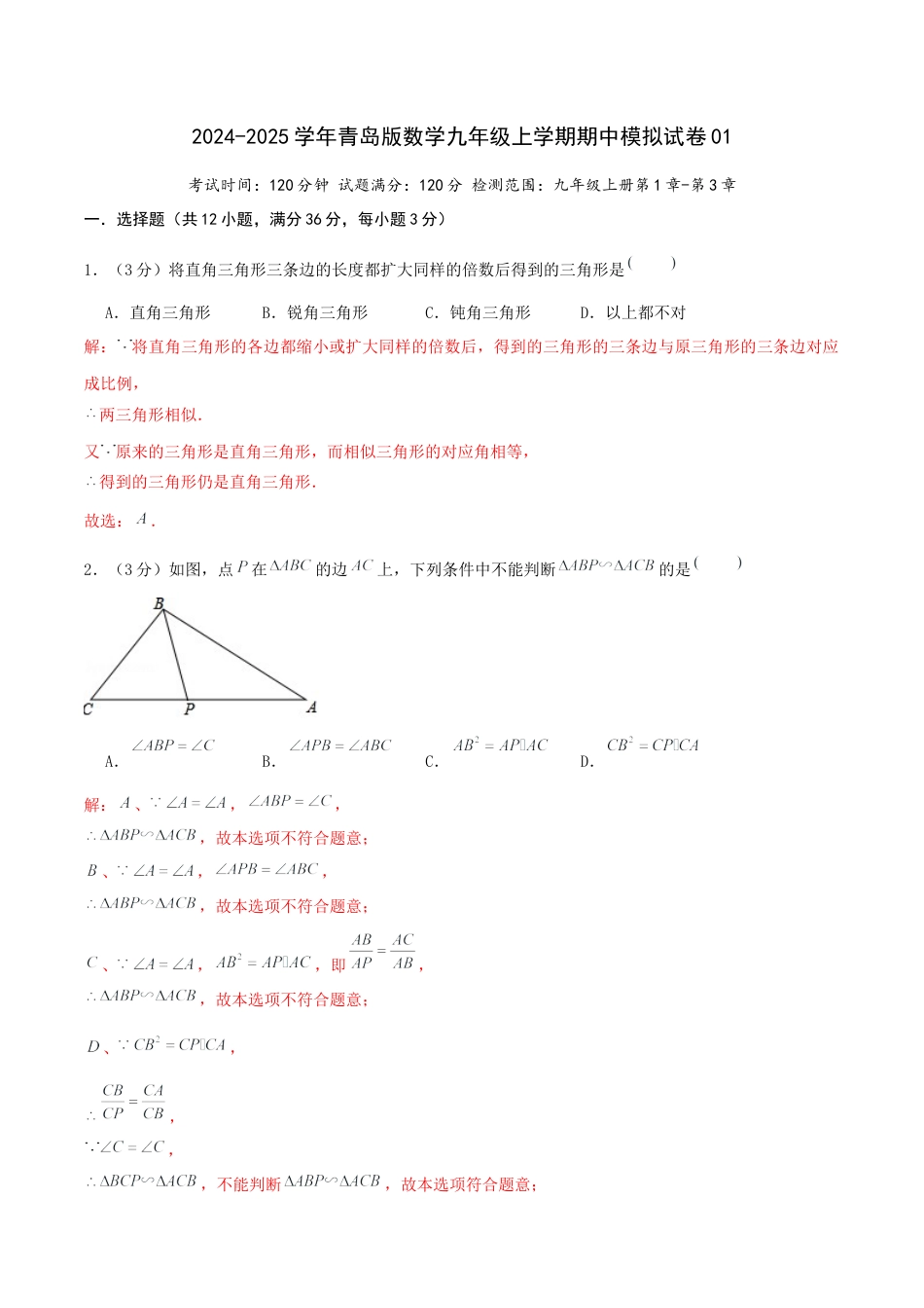 2024-2025学年青岛版九年级上学期期中模拟试卷01（教师版）.docx_第1页