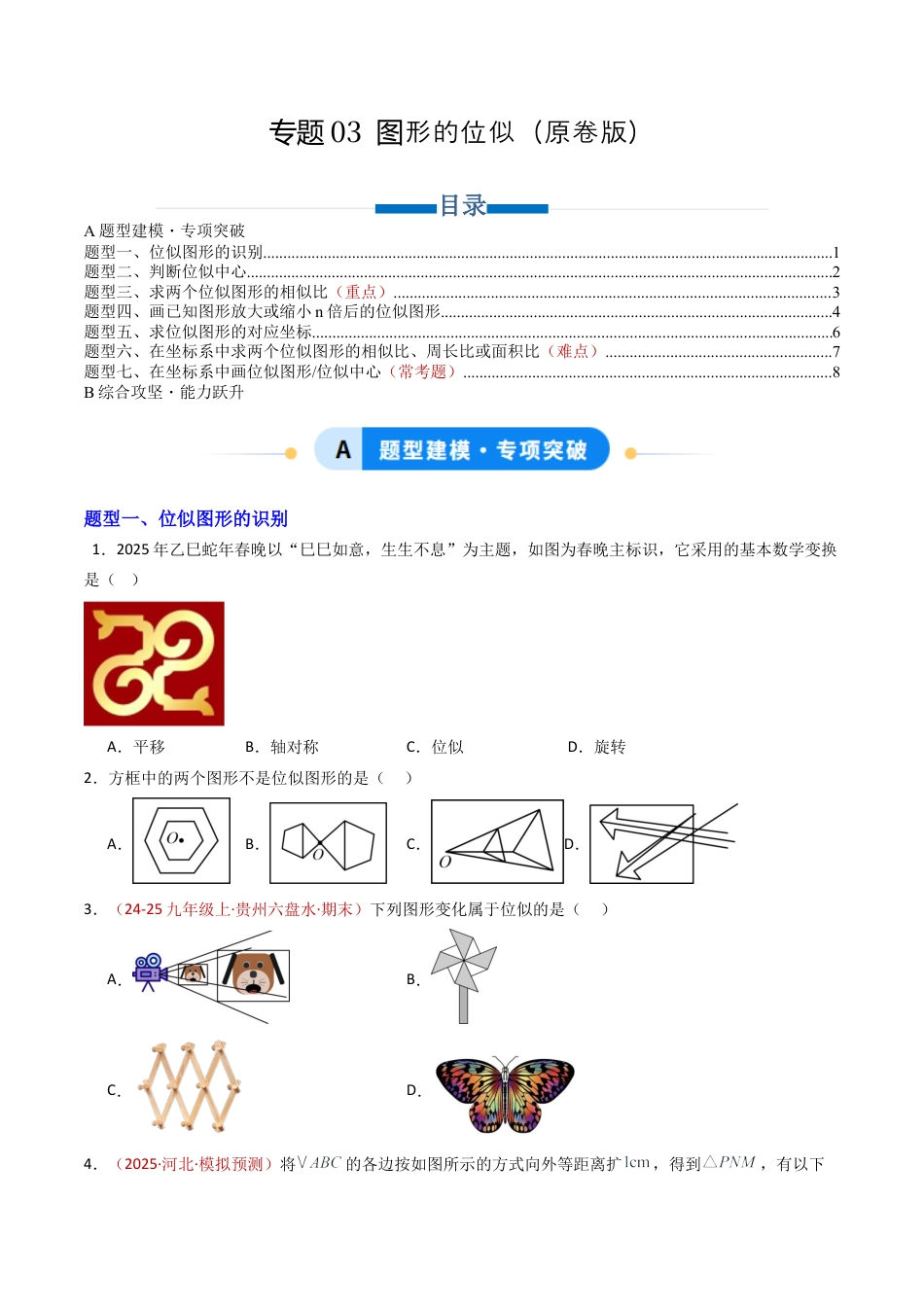 九年级数学上册（青岛版）专题03 图形的位似（专项训练）（学生版）.docx_第1页