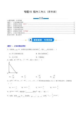 九年级数学上册（青岛版）专题01 锐角三角比（专项训练）（学生版）.docx