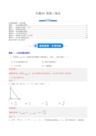 九年级数学上册（青岛版）专题01 锐角三角比（专项训练）（教师版）.docx