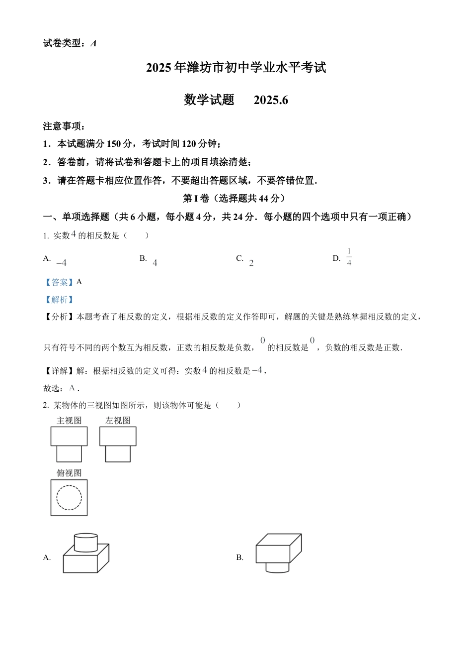 2025年山东省潍坊市中考真题数学试题（解析版）.docx_第1页