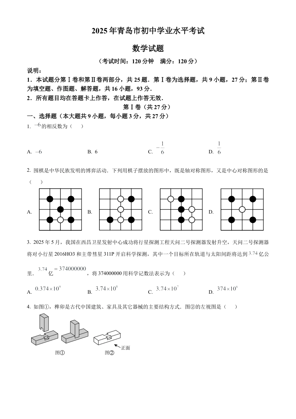 2025年山东省青岛市中考数学真题（原卷版）.docx_第1页