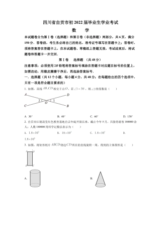 2022年四川省自贡市中考数学真题试卷（原卷版）.docx