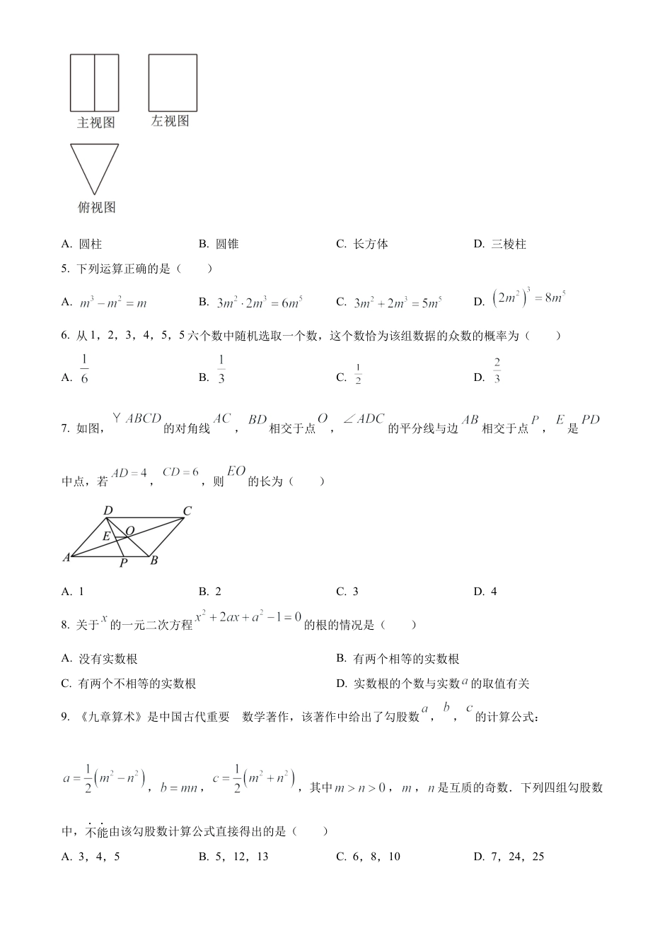 2023年四川省泸州市中考数学真题试卷（原卷版）.docx_第2页