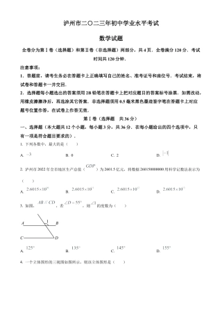 2023年四川省泸州市中考数学真题试卷（原卷版）.docx
