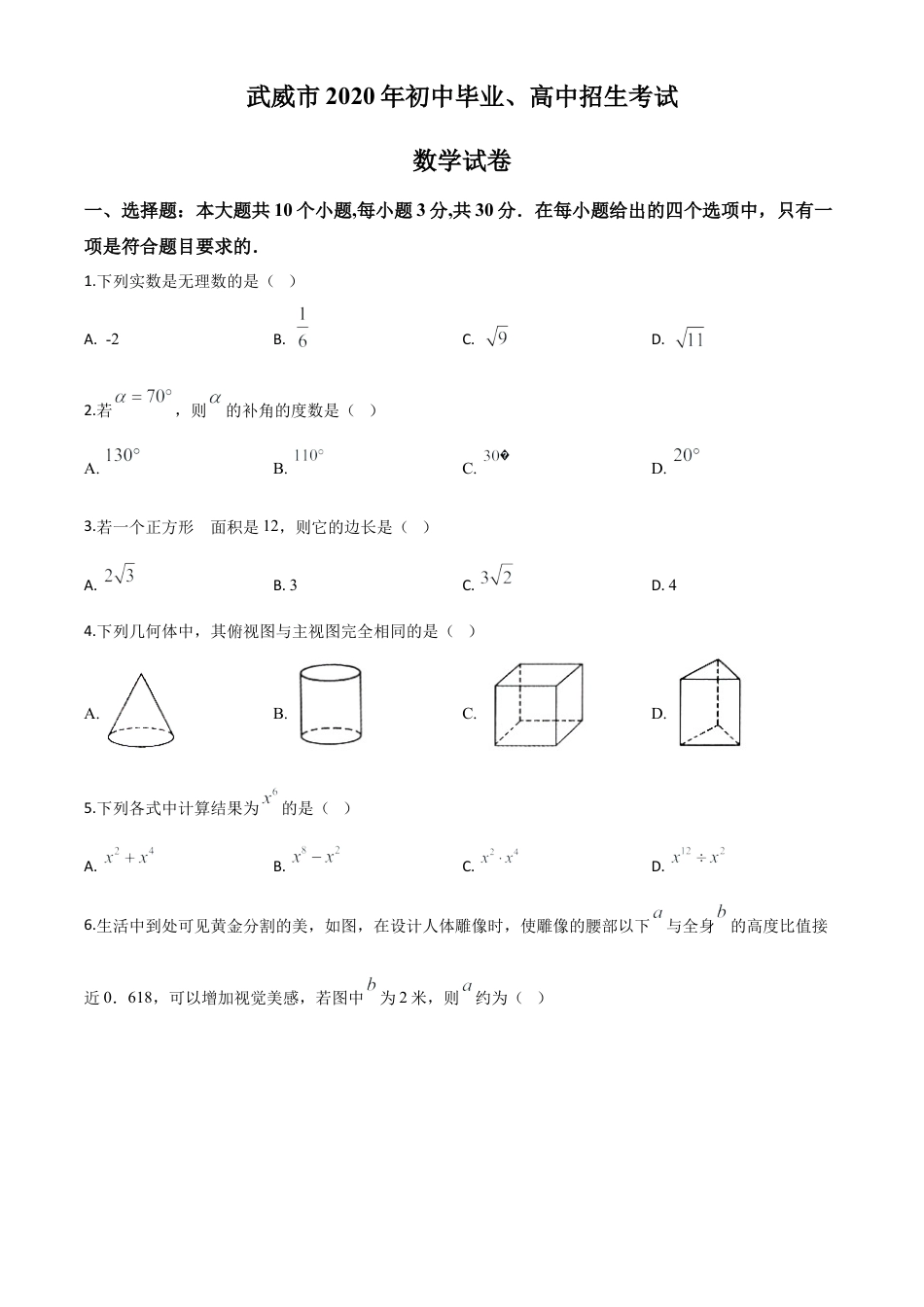 甘肃省武威市2020年中考数学试题（原卷版）.doc_第1页