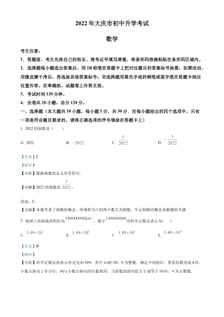 2022年黑龙江省大庆市中考数学真题试卷（解析版）.docx