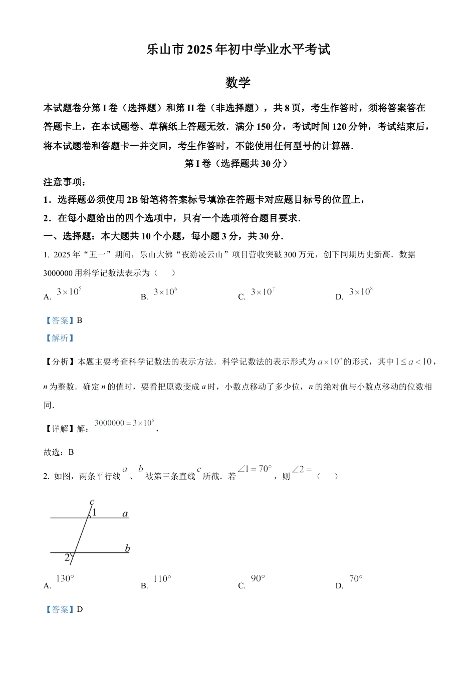 2025年四川省乐山市中考数学试题（解析版）.docx_第1页