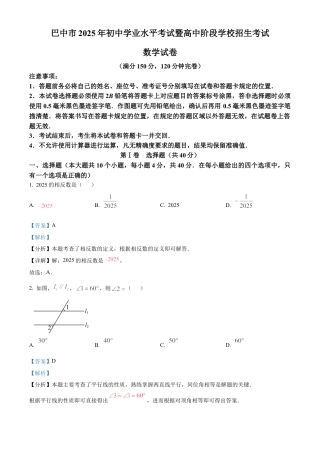 2025年四川省巴中市中考数学试题（解析版）.docx