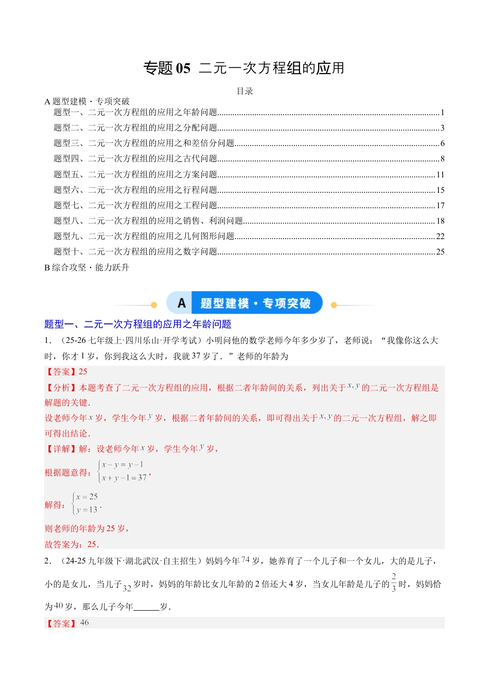 专题05 二元一次方程组的应用（10大题型）（专项训练）（解析版）数学新教材鲁教版五四制七年级下册.docx_第1页