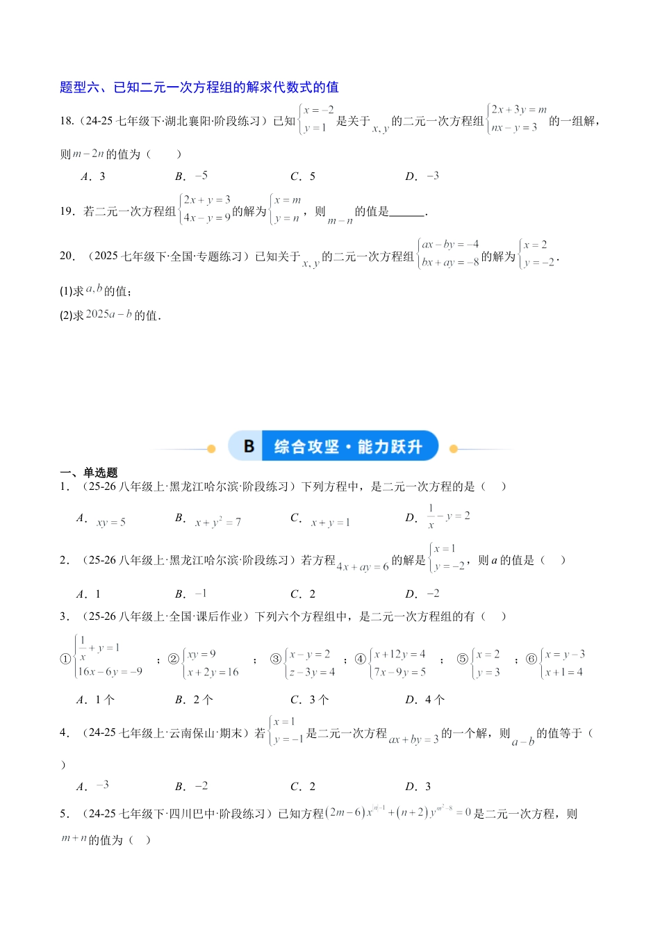 专题01 二元一次方程（组）及二元一次方程（组）的解（6大题型）（专项训练）（学生版）数学新教材鲁教版五四制七年级下册.docx_第3页