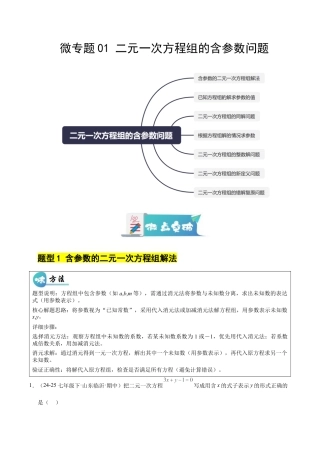 鲁教版（五四制）数学七年级下册微专题01 二元一次方程组的含参数问题（专项训练）（解析版）.docx