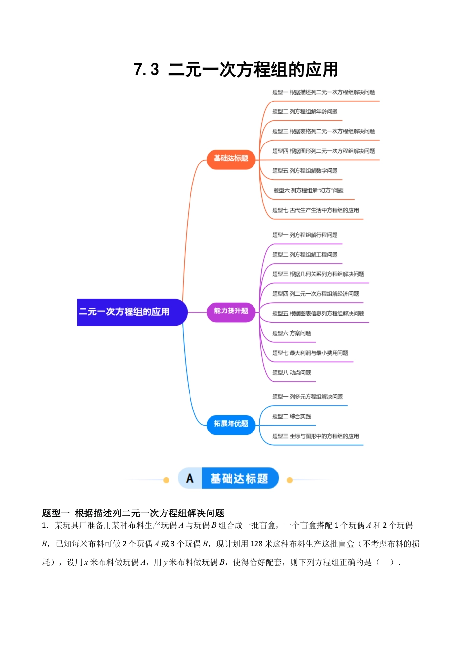 鲁教版（五四制）数学七年级下册7.3 二元一次方程组的应用（题型专练）（学生版）.docx_第1页