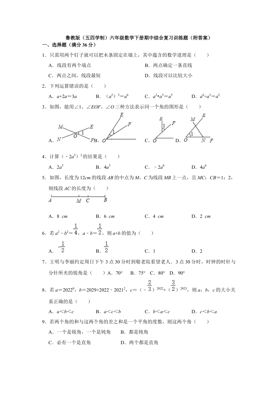 鲁教版（五四制）六年级数学下册期中复习训练题.docx_第1页