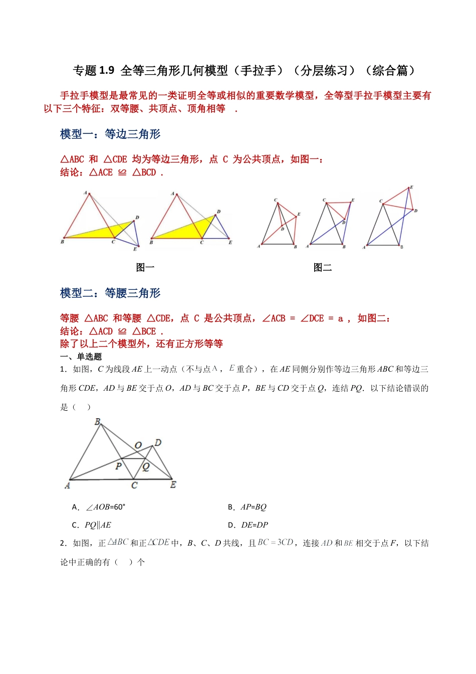 数学七年级上册（鲁教版）专题1.9 全等三角形几何模型（手拉手）（分层练习）（综合篇）-（鲁教版）.docx_第1页