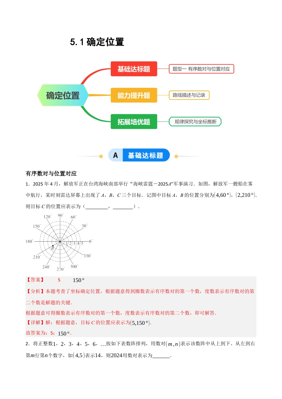 数学七年级上册（鲁教版）5.1确定位置（题型专练）(解析版).docx_第1页