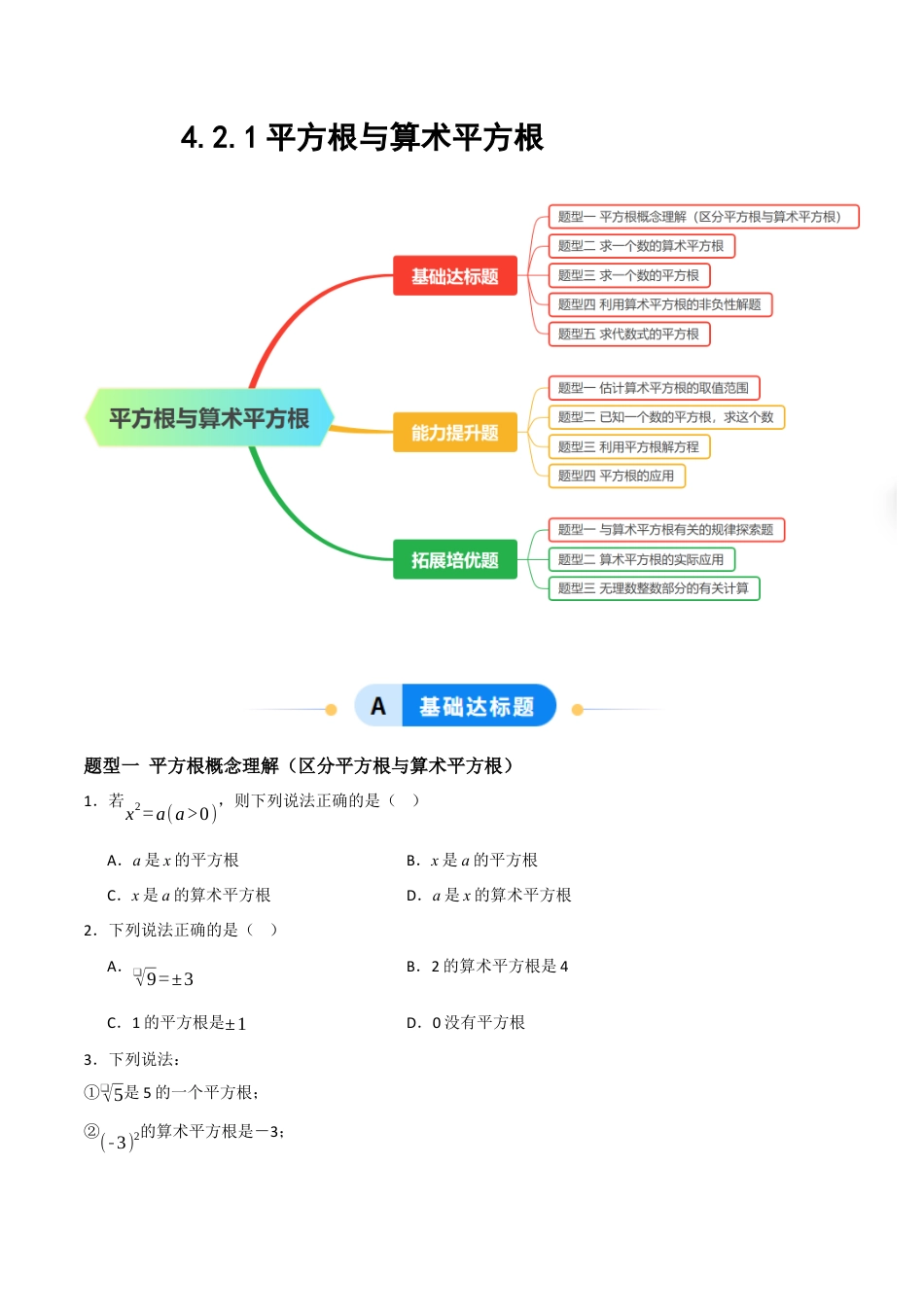 数学七年级上册（鲁教版）4.2.1平方根与算术平方根（题型专练）（原卷板）.docx_第1页
