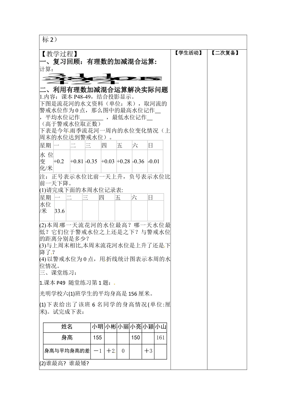【教学设计】数学六年级上册（鲁教版）2.6.3 有理数的加减混合运算 教案   .docx_第2页