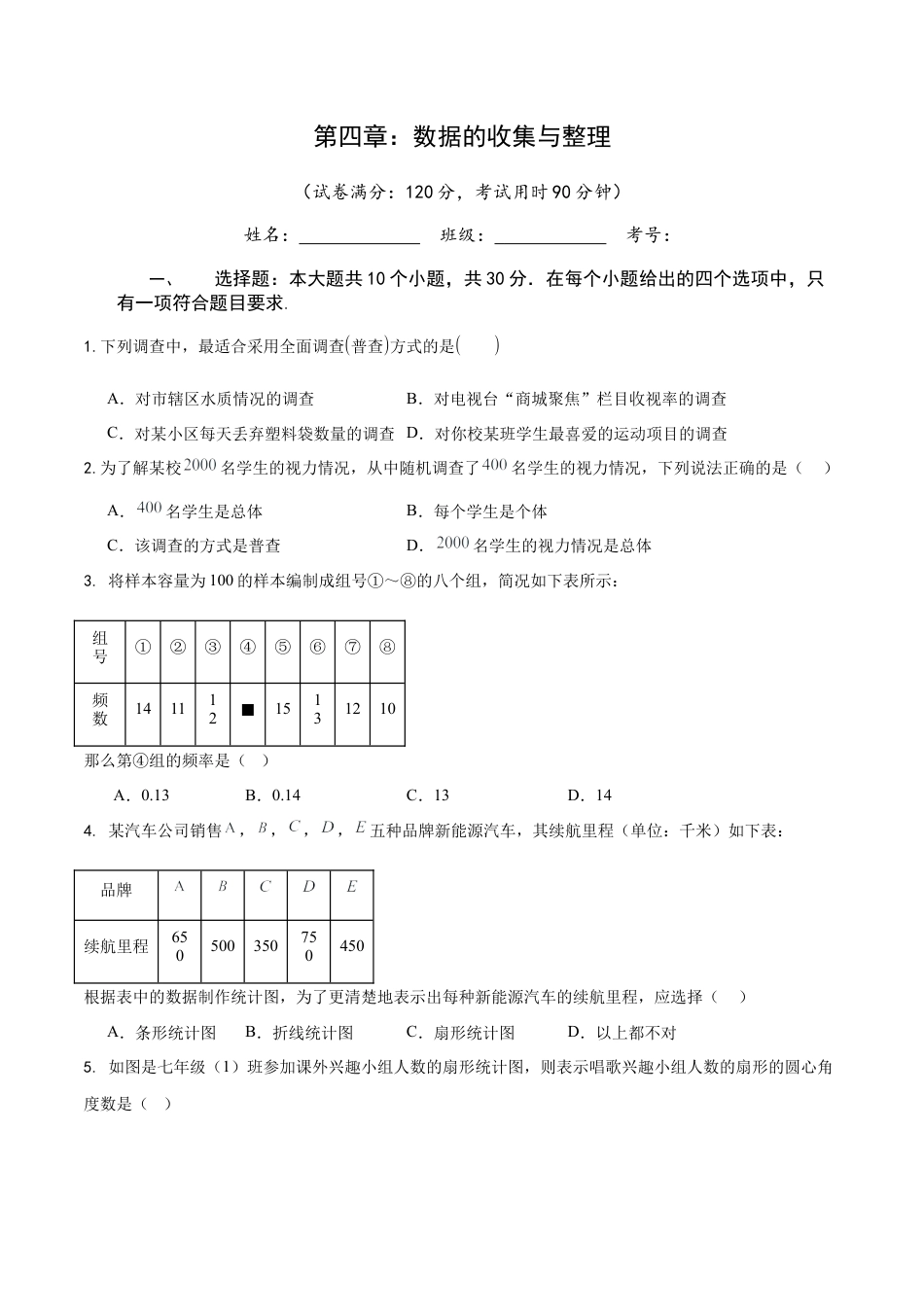 【单元测试】数学六年级上册（鲁教版）第四章 数据的收集与整理（学生版）.docx_第1页