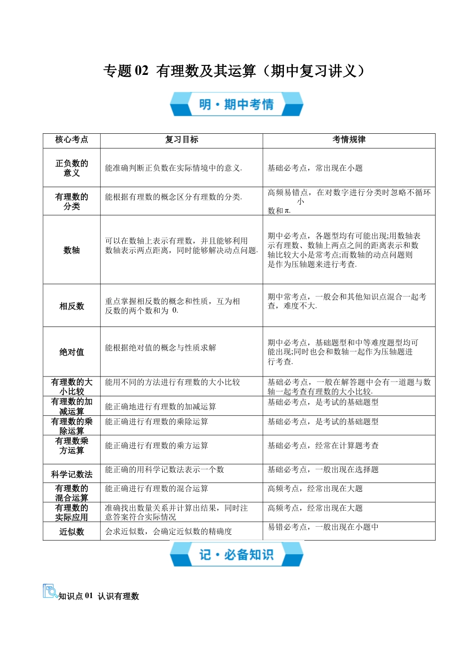 专题02 有理数及其运算（期中复习讲义）（学生版）.docx_第1页