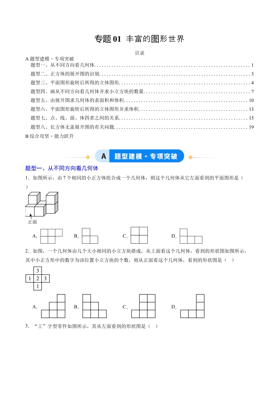 六年级数学上册（鲁教版）专题01 丰富的图形世界（专项训练）（学生版）.docx_第1页