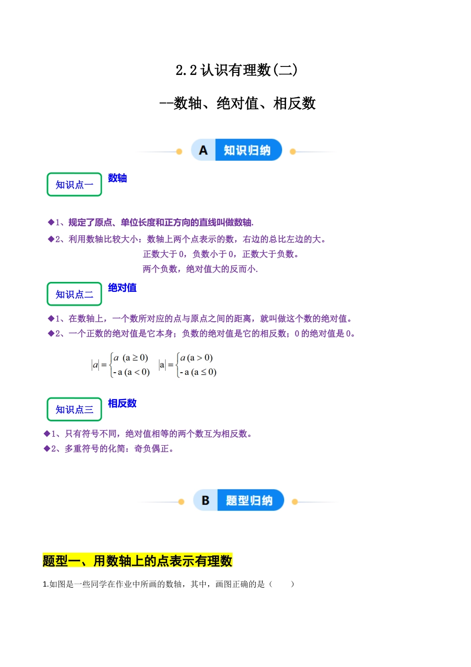 【分层作业】数学六年级上册（鲁教版）2.2认识有理数（二）（数轴、绝对值、相反数）（解析版）.docx_第1页