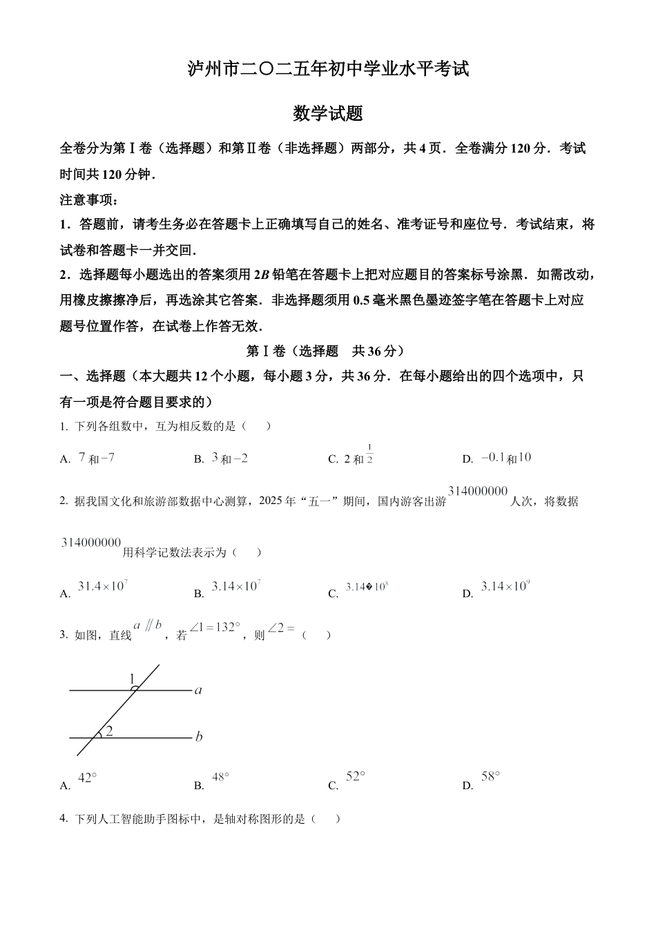 2025年四川省泸州市中考真题数学试卷（含解析）.docx_第1页