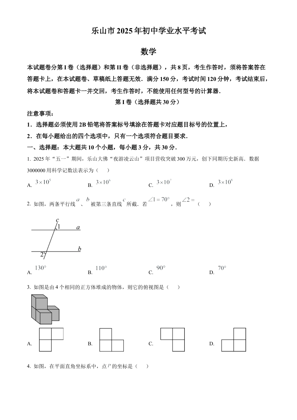 2025年四川省乐山市中考真题数学试卷（含解析）.docx_第1页