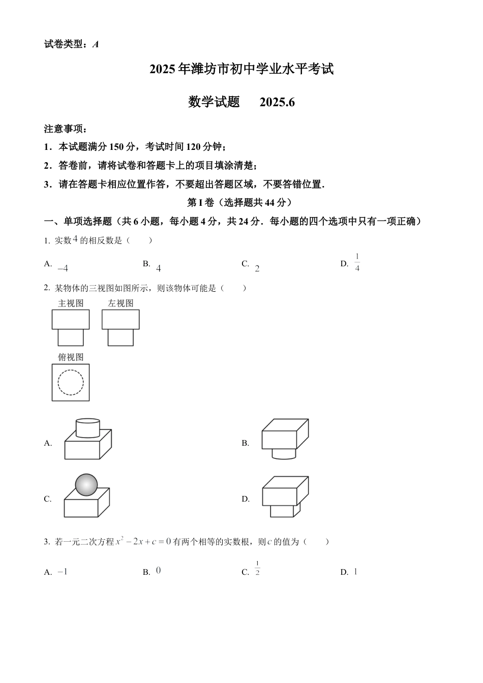 2025年山东省潍坊市中考真题数学试卷（含解析）.docx_第1页